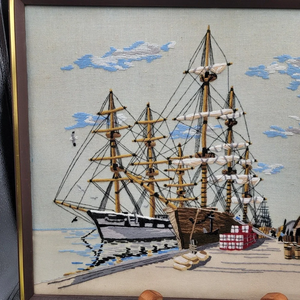 Vtg 70s Crewel Embroidery Harbor Scene Of Clipper Ship Framed Cottagecore Boho